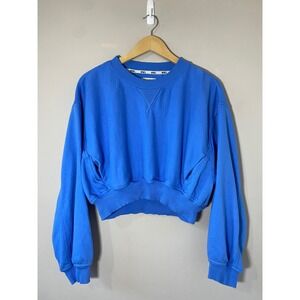 Madewell MWL Womens Blue Cropped Balloon Sleeve Sweatshirt Pockets Medium Sporty